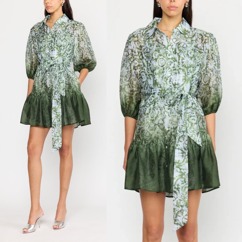 Christy Lynn Erin Linen Silk Puff Sleeve Mini Dress Sage Dark Green - XS